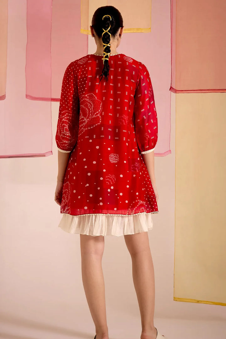 Red Cotton Silk Short Frill Dress