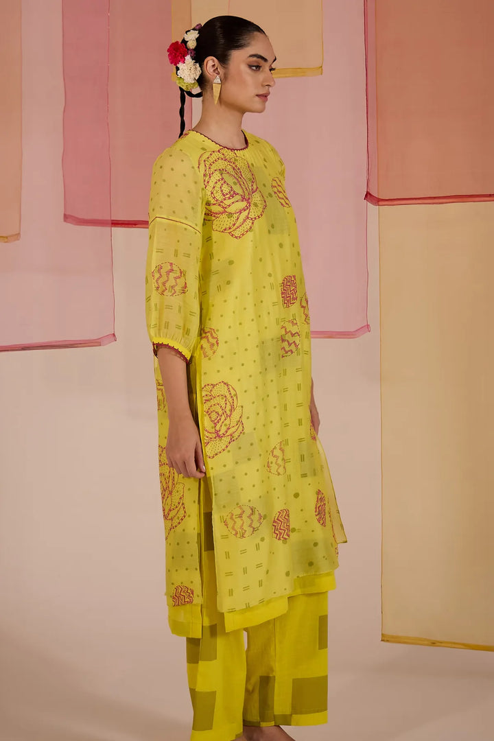 Olive Cotton Silk Layered Kurta Set