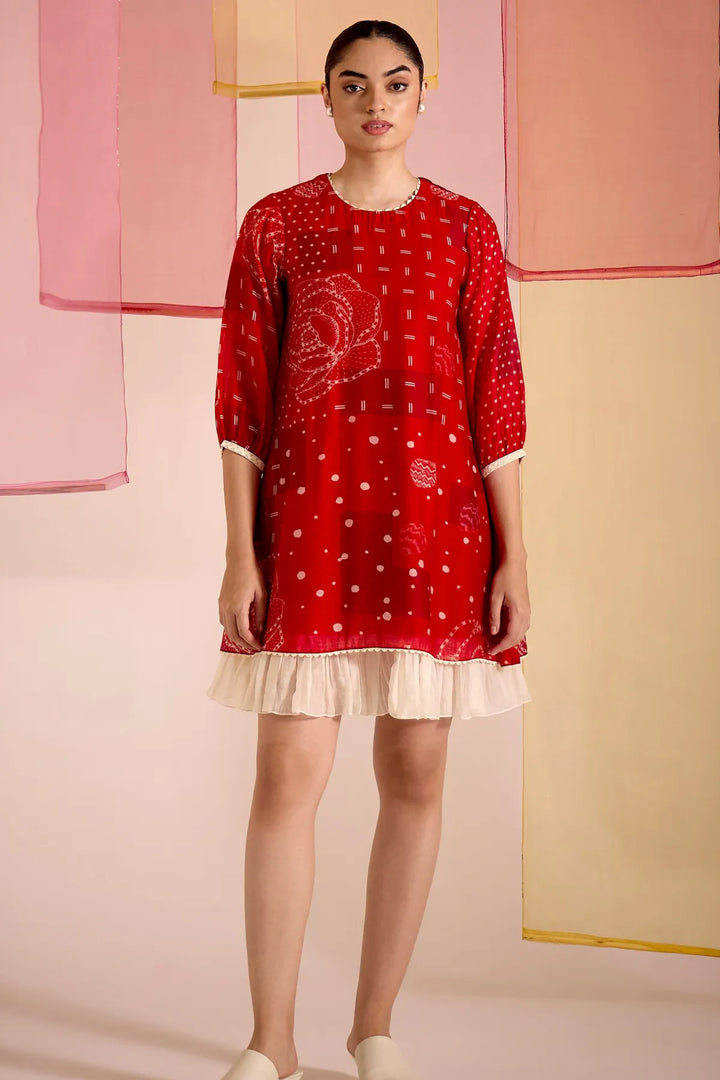 Red Cotton Silk Short Frill Dress