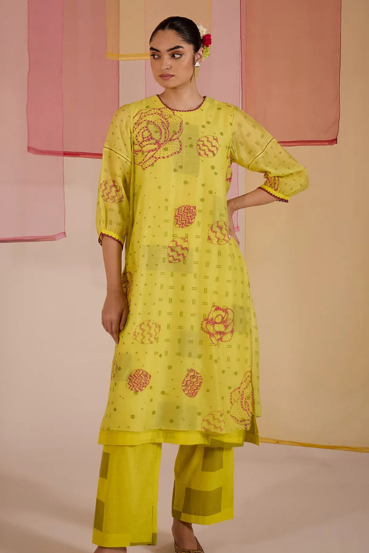 Olive Cotton Silk Layered Kurta Set