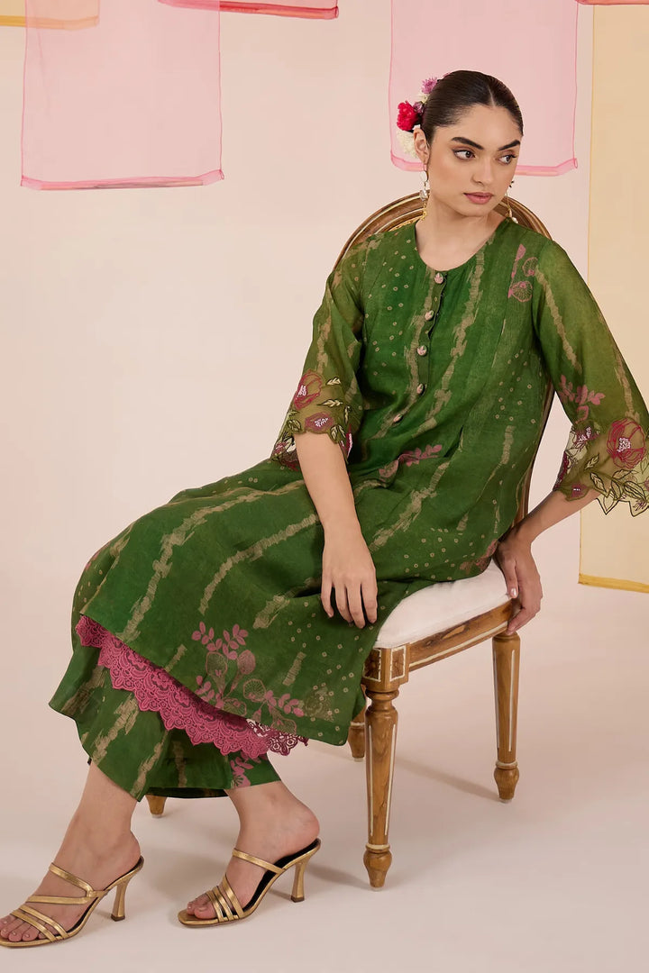 Green Cotton Silk Box Pleat Kurta with Pants