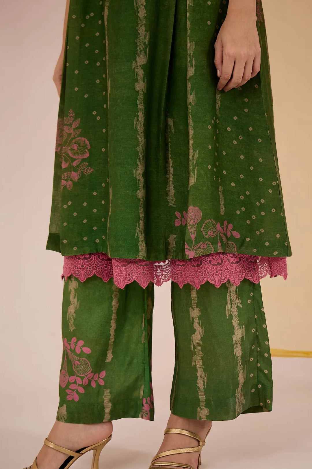 Green Cotton Silk Box Pleat Kurta with Pants