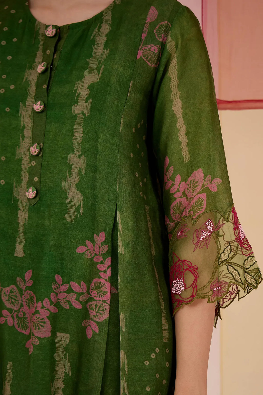 Green Cotton Silk Box Pleat Kurta with Pants
