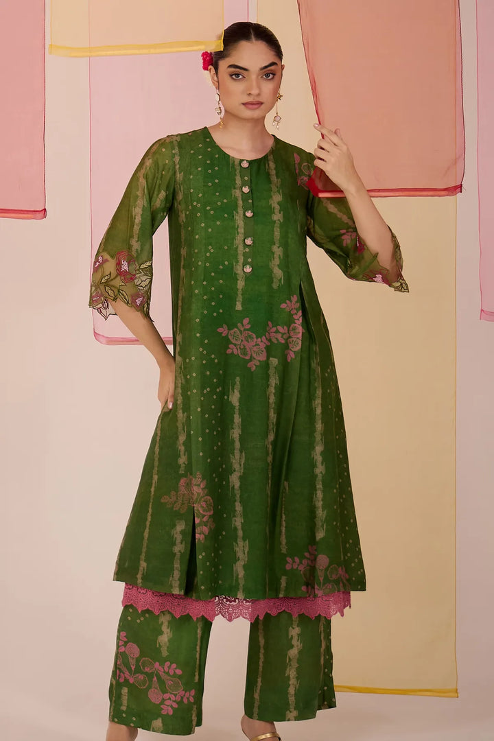 Green Cotton Silk Box Pleat Kurta with Pants