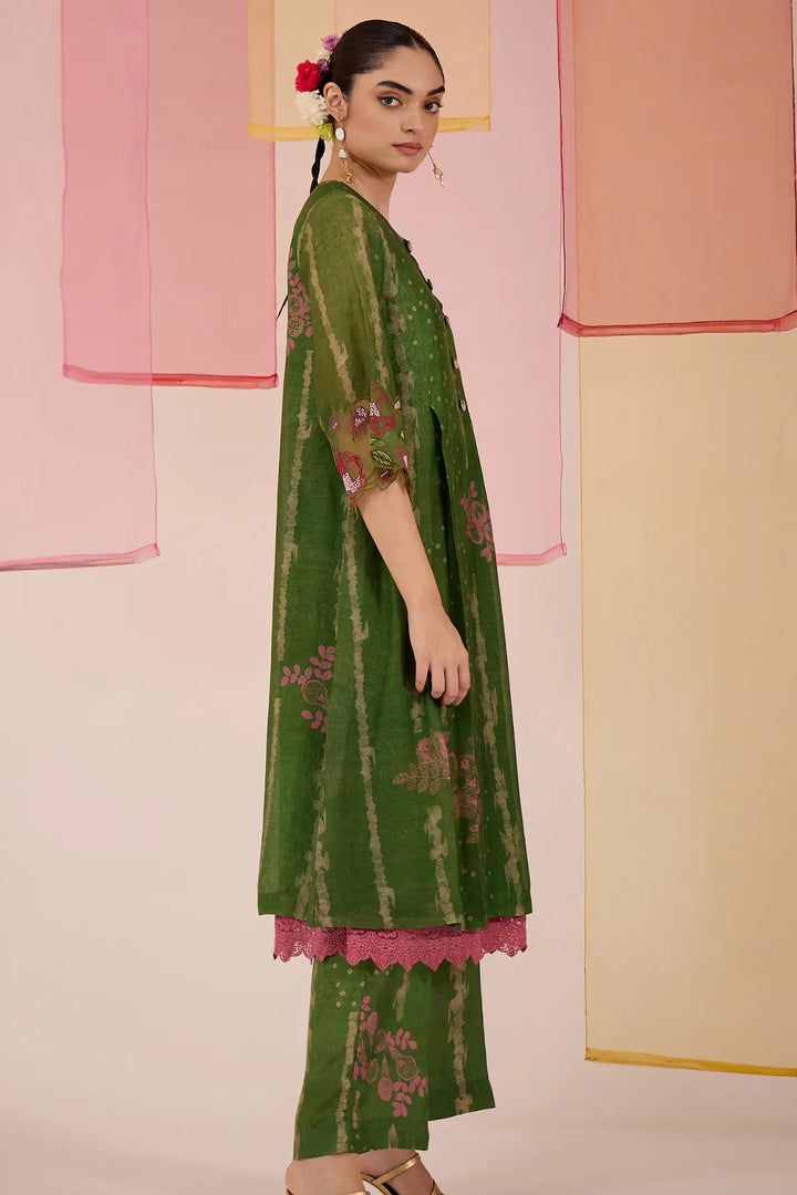 Green Cotton Silk Box Pleat Kurta with Pants