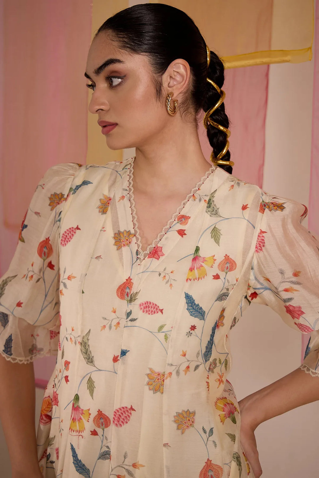 Ivory Chintz Cotton Silk V-Neck Dress