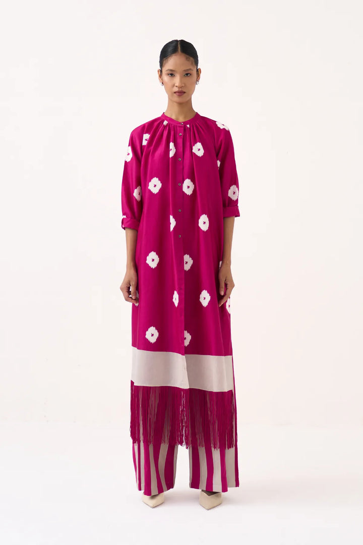 Block Print Fringe Gather Neck Shirt Co-ord