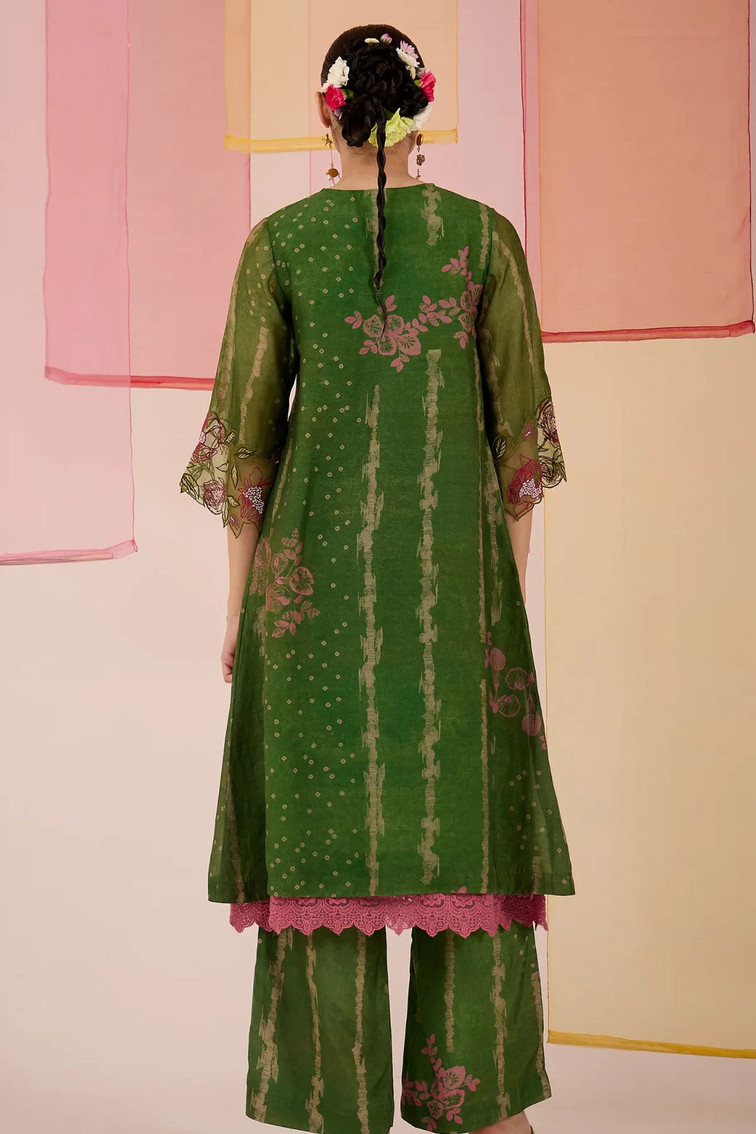 Green Cotton Silk Box Pleat Kurta with Pants