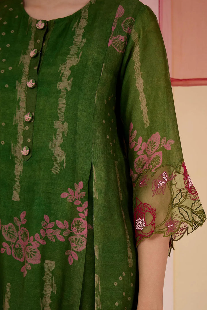 Green Cotton Silk Box Pleat Kurta with Tulip Salwar