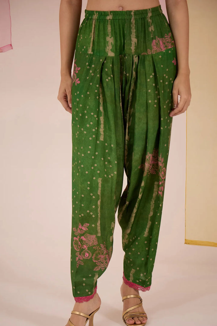 Green Cotton Silk Box Pleat Kurta with Tulip Salwar