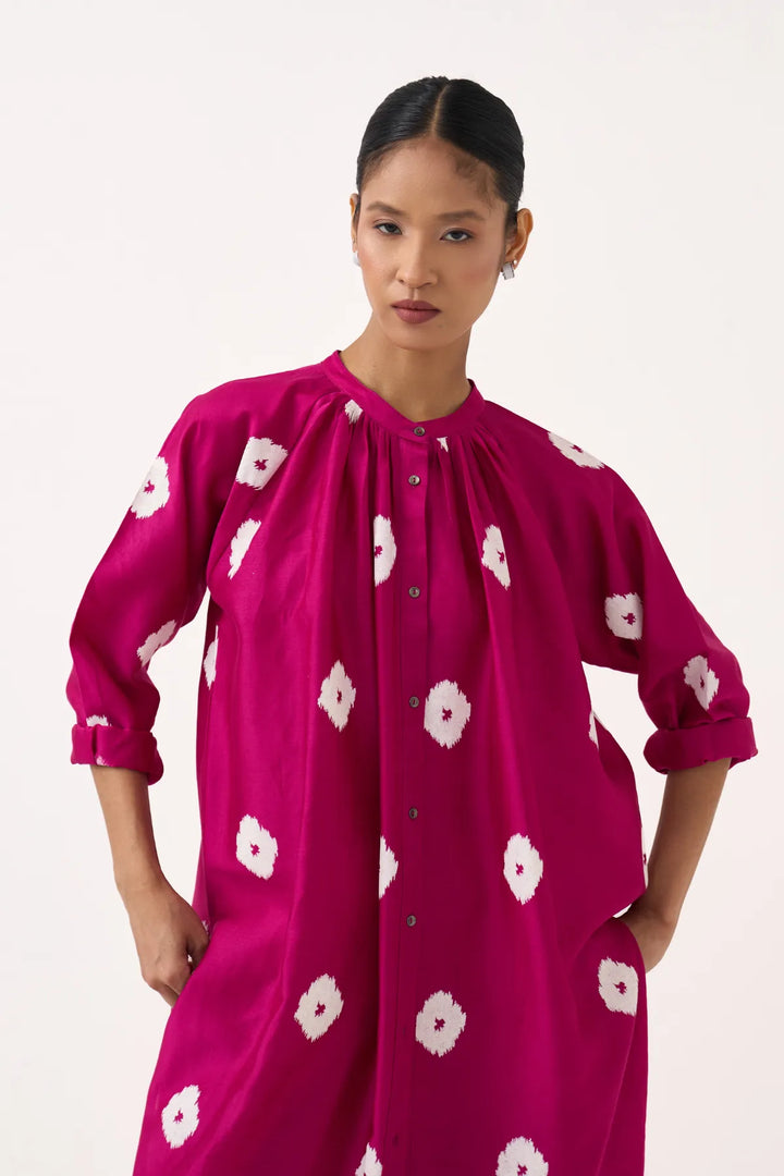 Block Print Fringe Gather Neck Shirt Co-ord