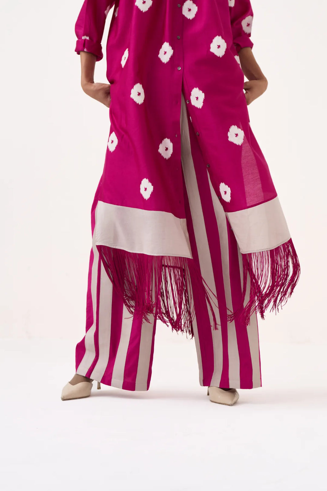 Block Print Fringe Gather Neck Shirt Co-ord