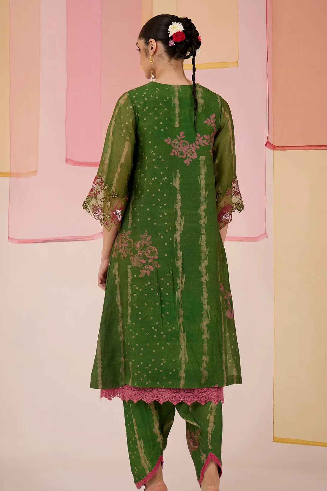 Green Cotton Silk Box Pleat Kurta with Tulip Salwar