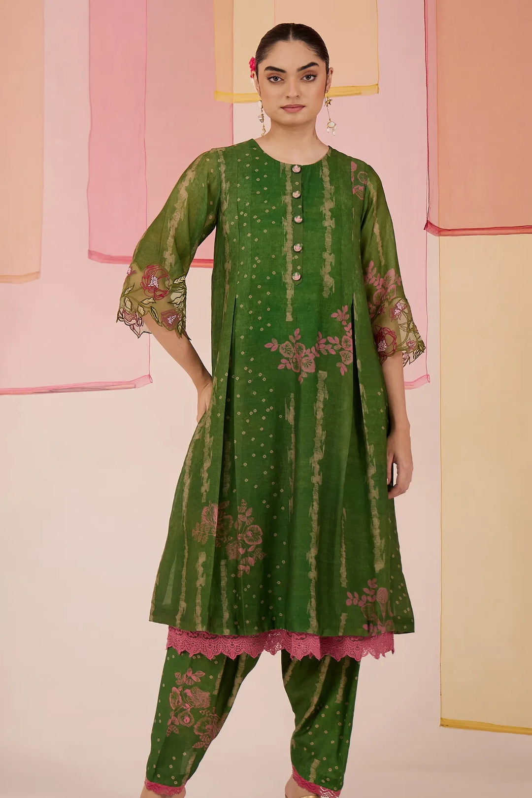 Green Cotton Silk Box Pleat Kurta with Tulip Salwar