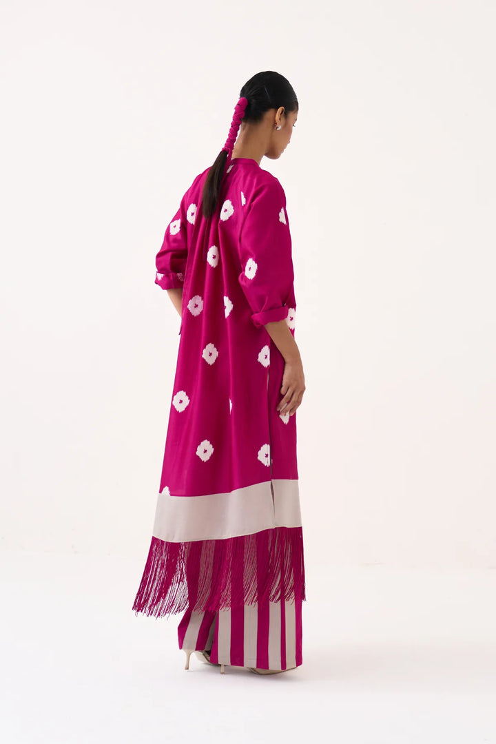 Block Print Fringe Gather Neck Shirt Co-ord