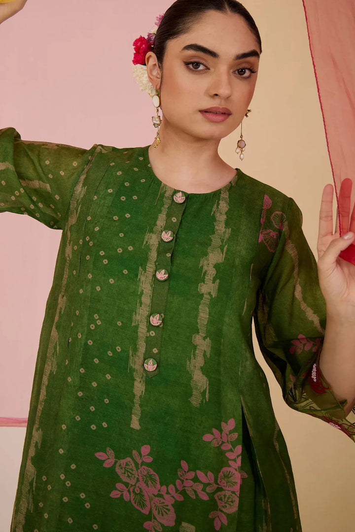 Green Cotton Silk Box Pleat Kurta with Tulip Salwar