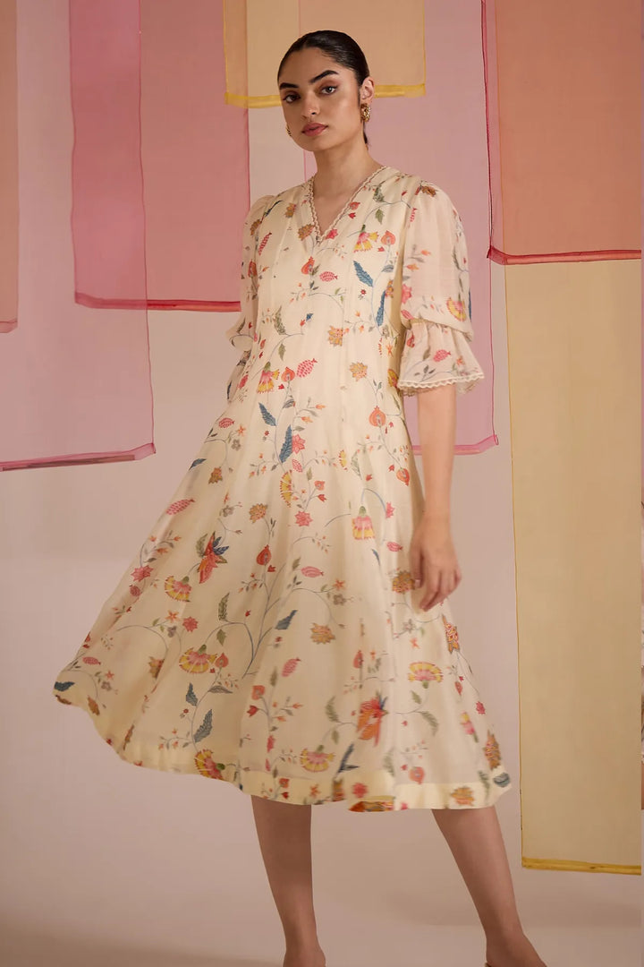 Ivory Chintz Cotton Silk V-Neck Dress