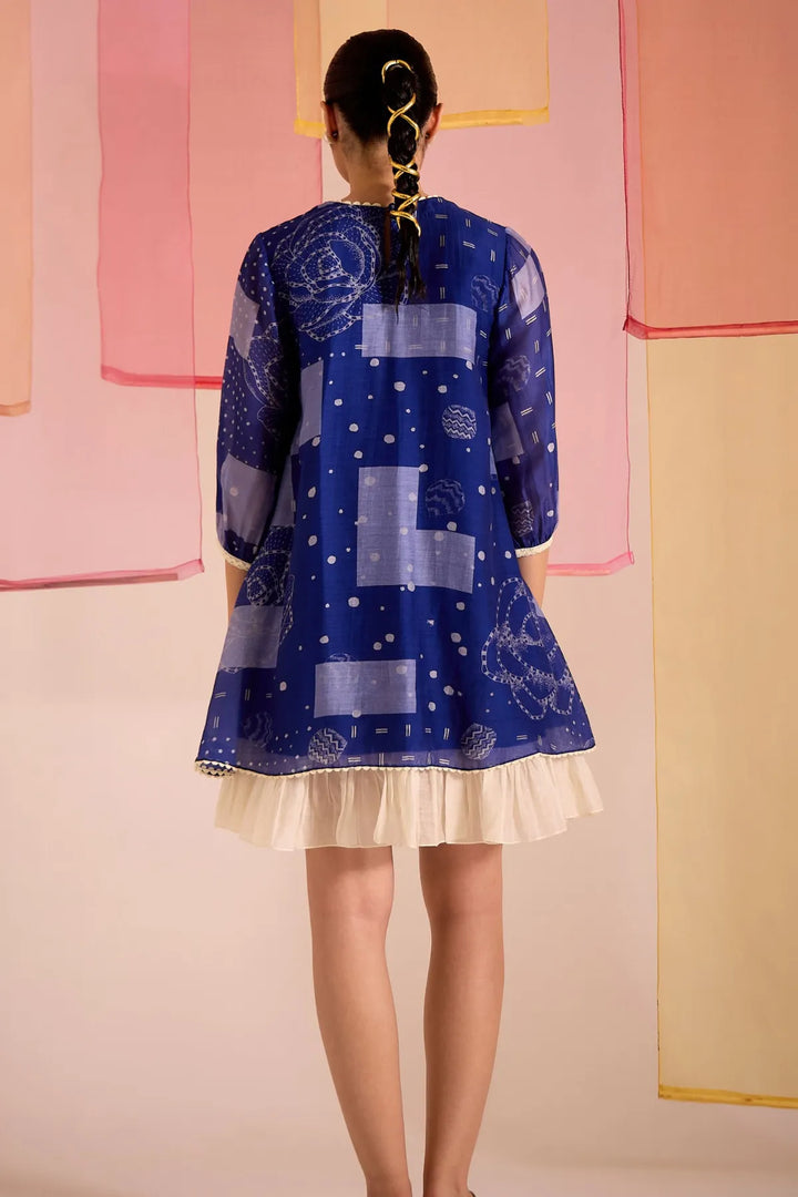 Blue Cotton Silk Short Frill Dress