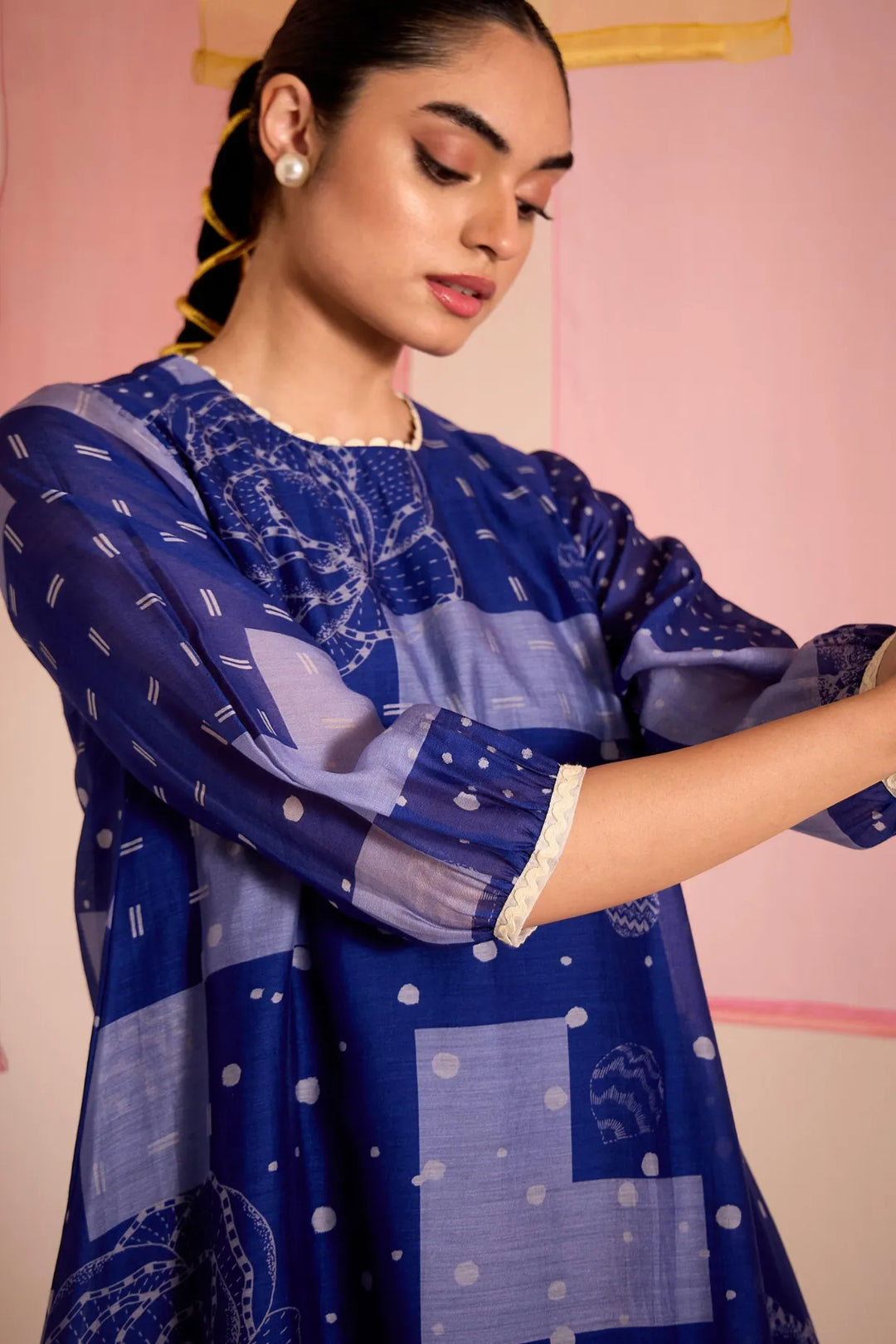 Blue Cotton Silk Short Frill Dress