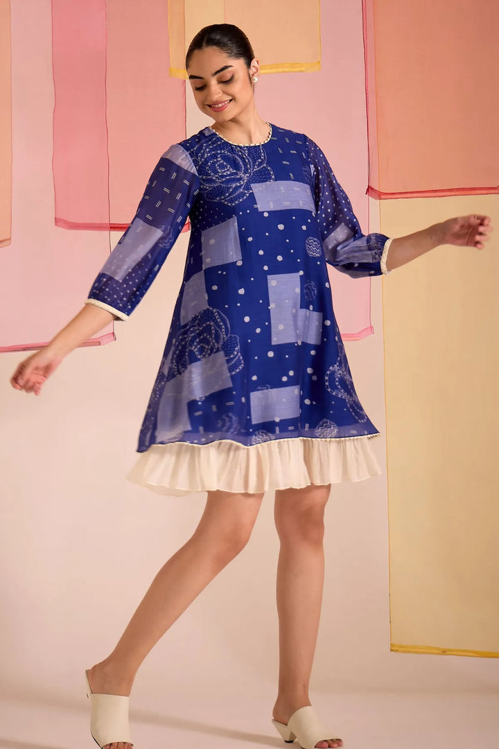 Blue Cotton Silk Short Frill Dress