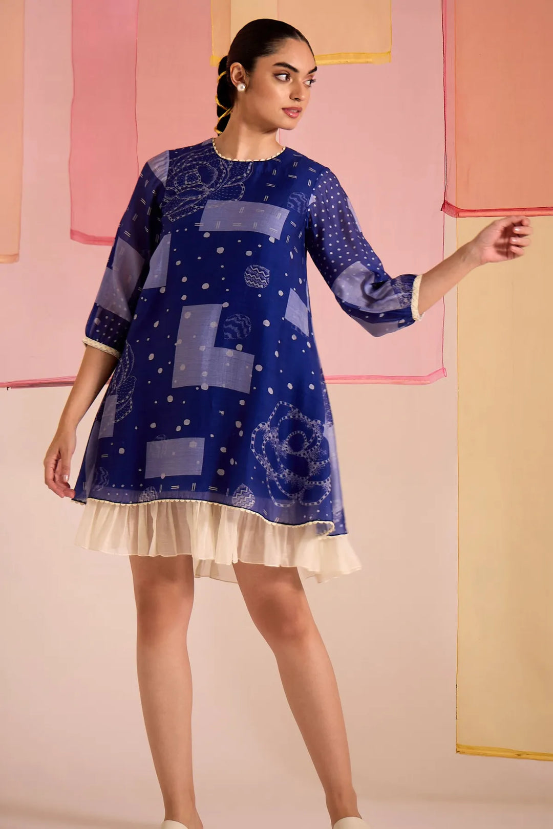 Blue Cotton Silk Short Frill Dress