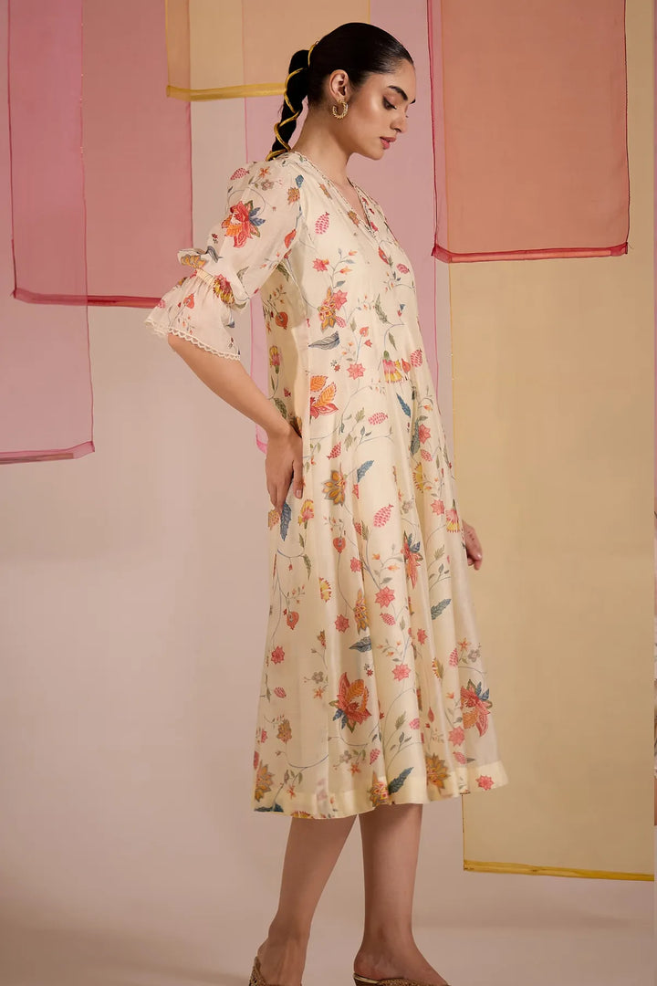 Ivory Chintz Cotton Silk V-Neck Dress