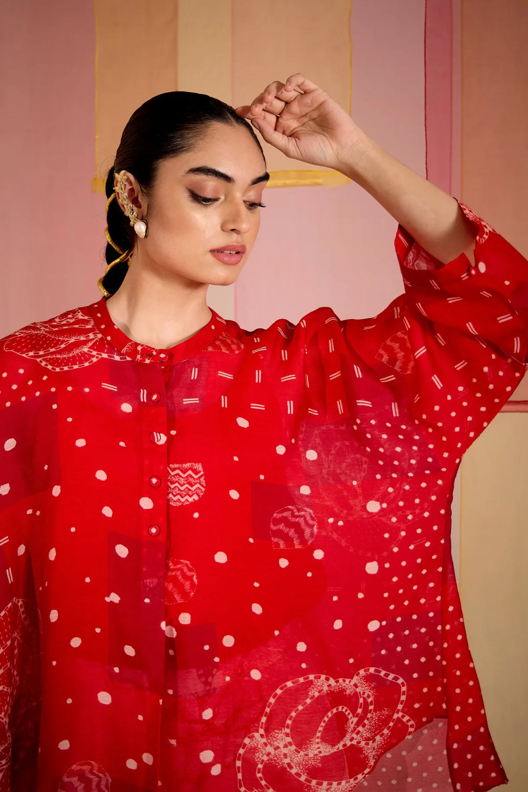 Red Cotton Silk Nama Tunic Set