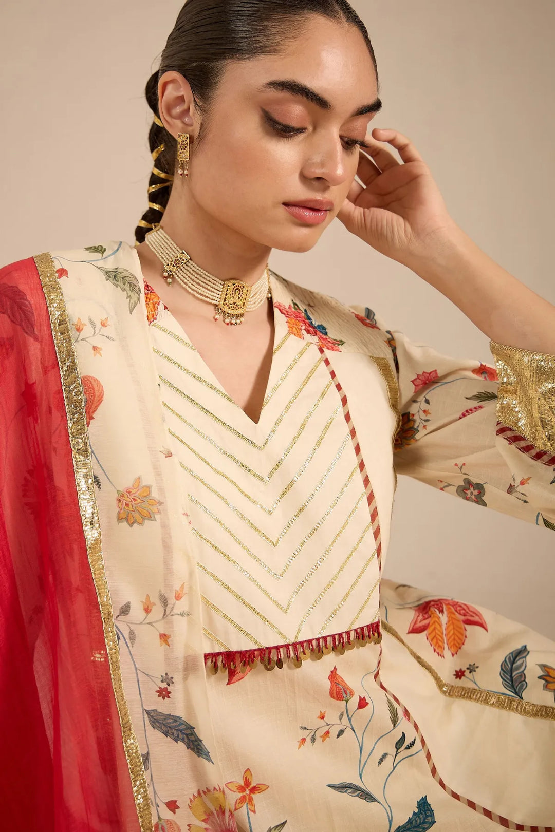 Ivory Chintz Cotton Silk Anarkali Set