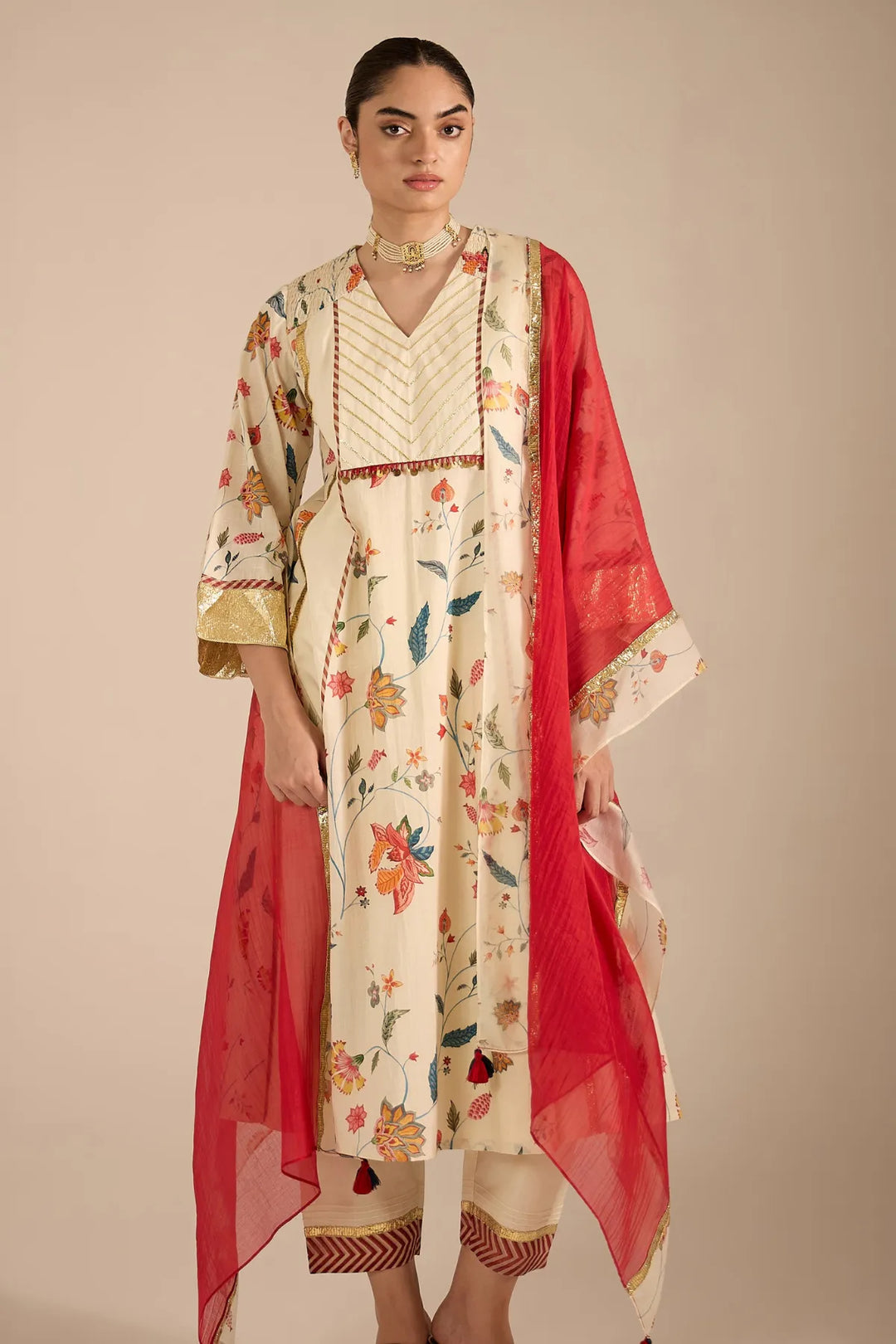 Ivory Chintz Cotton Silk Anarkali Set