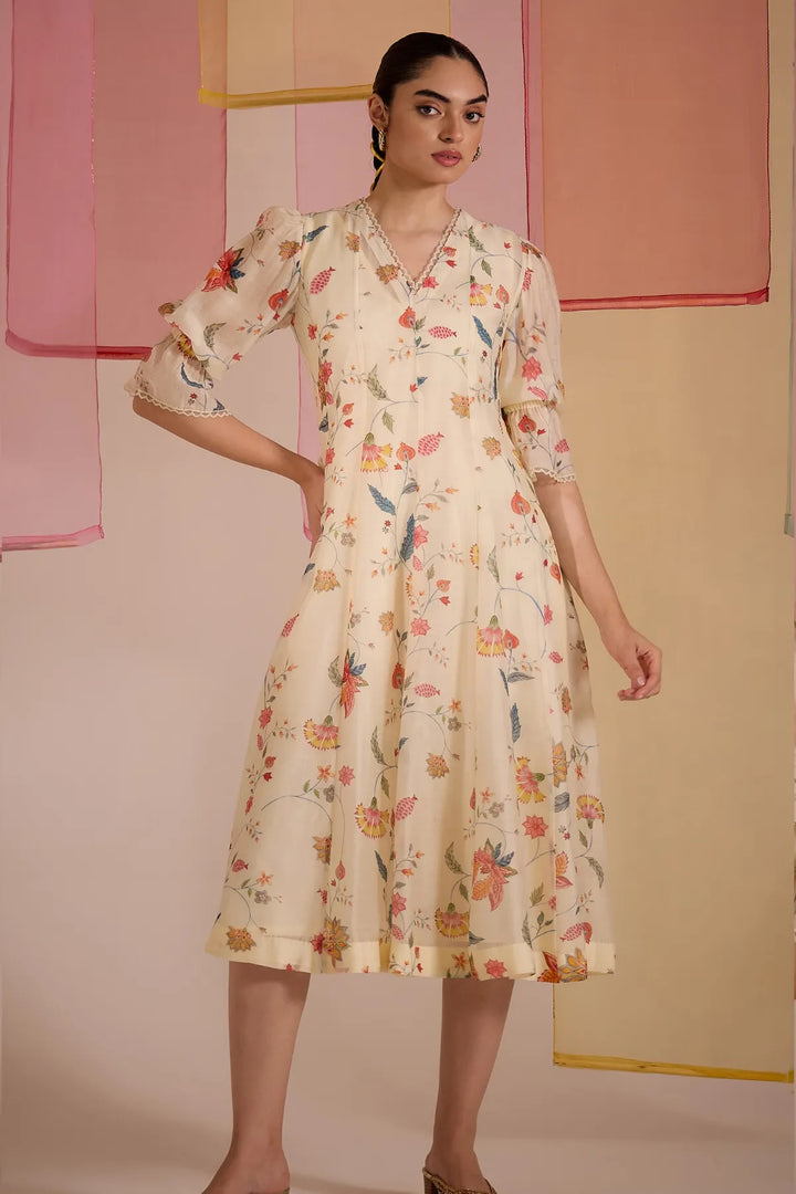 Ivory Chintz Cotton Silk V-Neck Dress