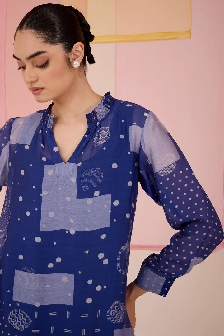 Blue Cotton Silk High Slit Kurta Set