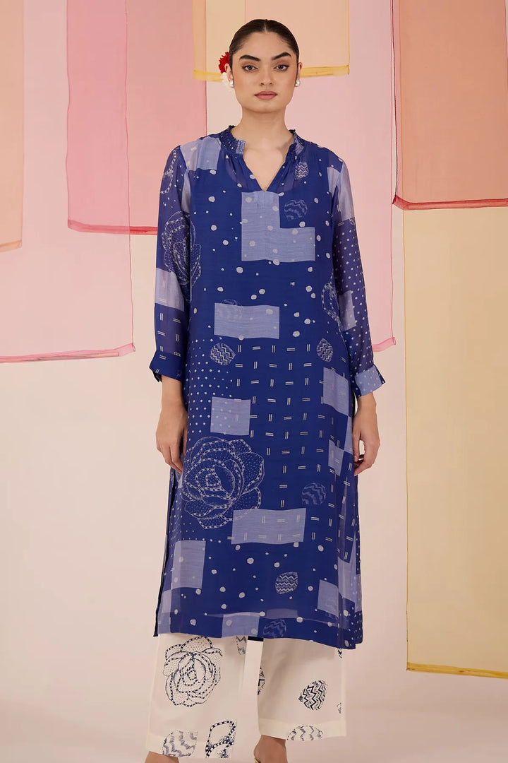 Blue Cotton Silk High Slit Kurta Set