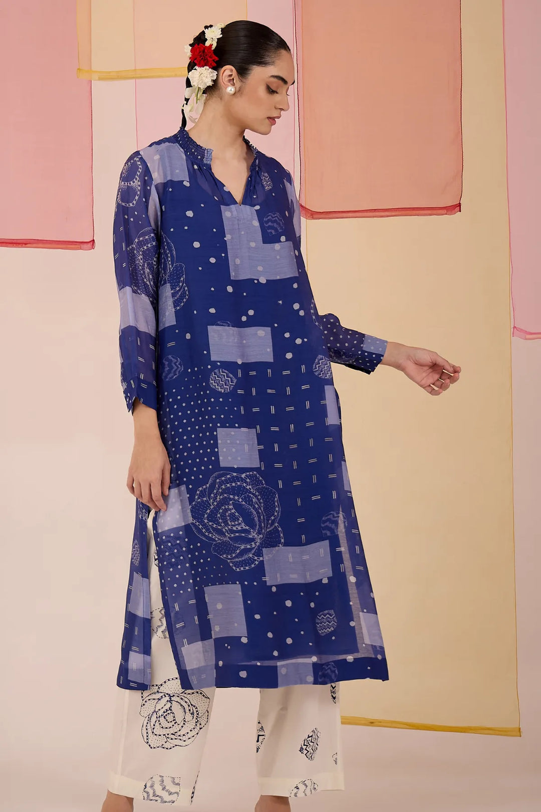 Blue Cotton Silk High Slit Kurta Set