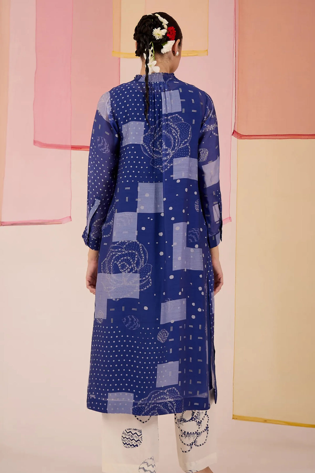 Blue Cotton Silk High Slit Kurta Set