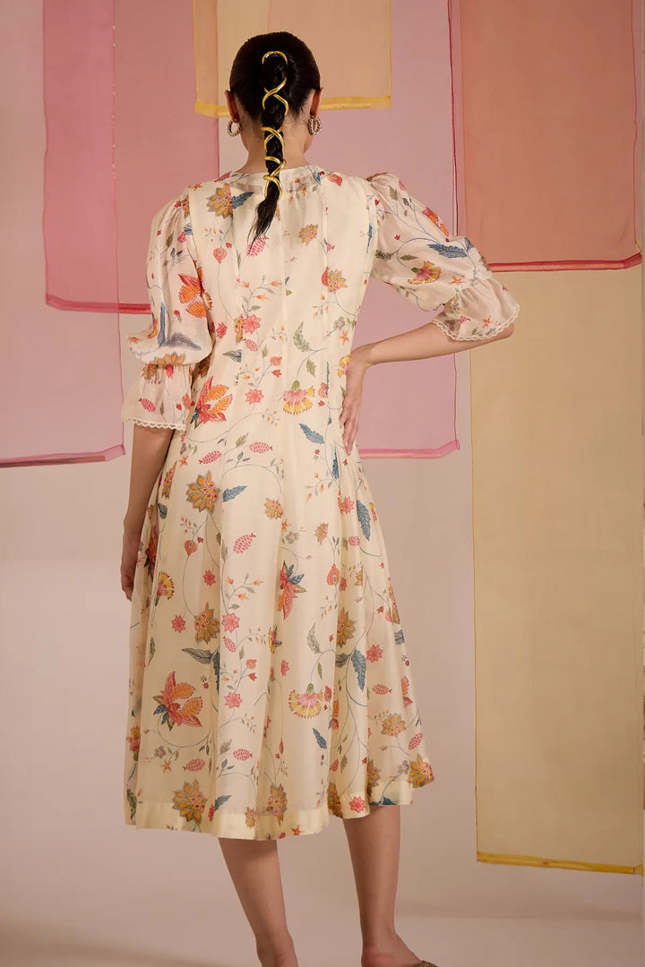 Ivory Chintz Cotton Silk V-Neck Dress