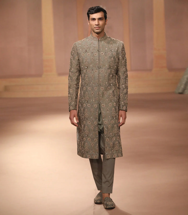 Mint Raw Silk Sherwani Set