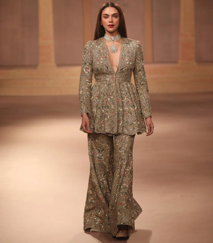 Beige Gold Sharara Peplum Set