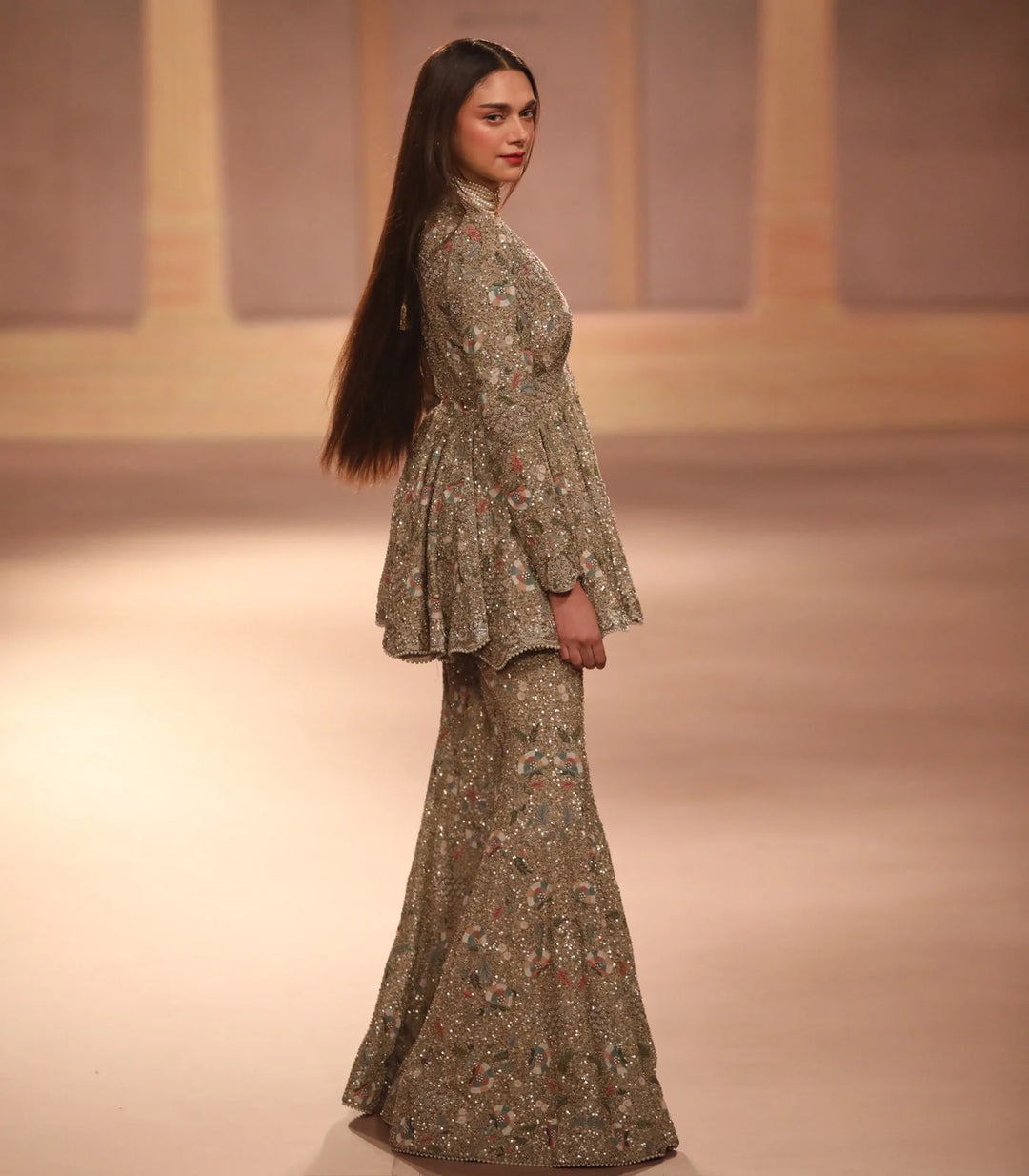 Beige Gold Sharara Peplum Set