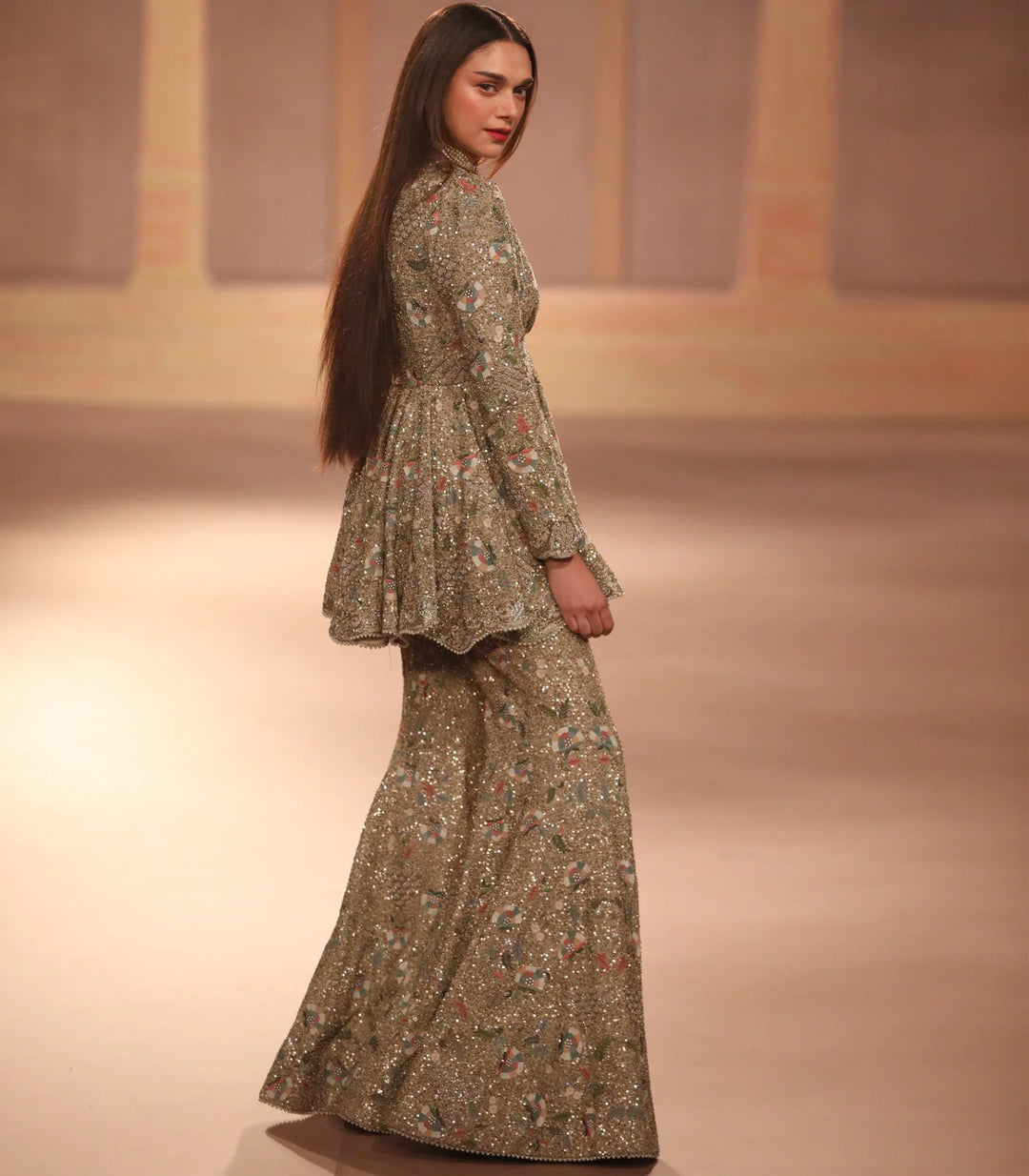 Beige Gold Sharara Peplum Set