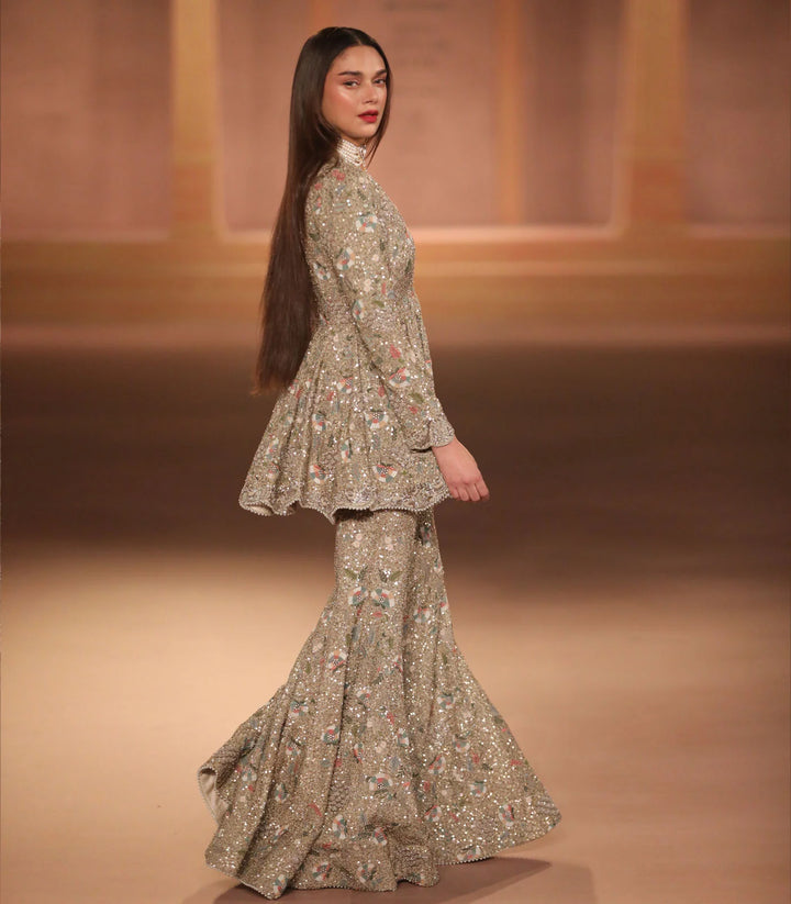 Beige Gold Sharara Peplum Set