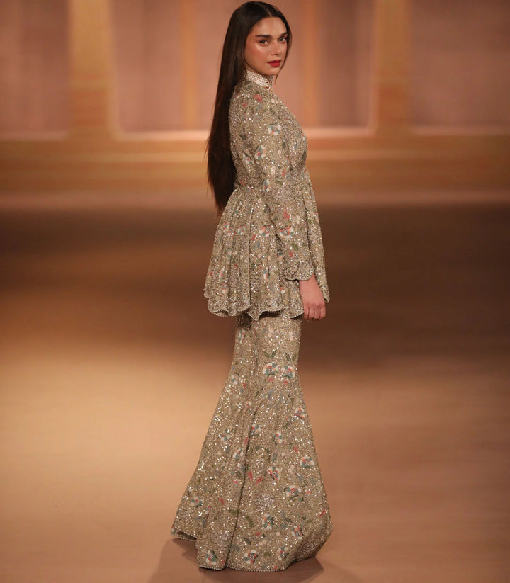 Beige Gold Sharara Peplum Set