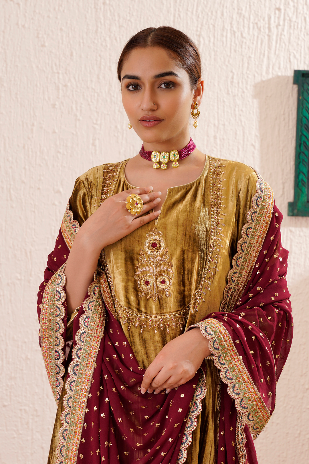 gold velvet hand embroidered noor kurta set