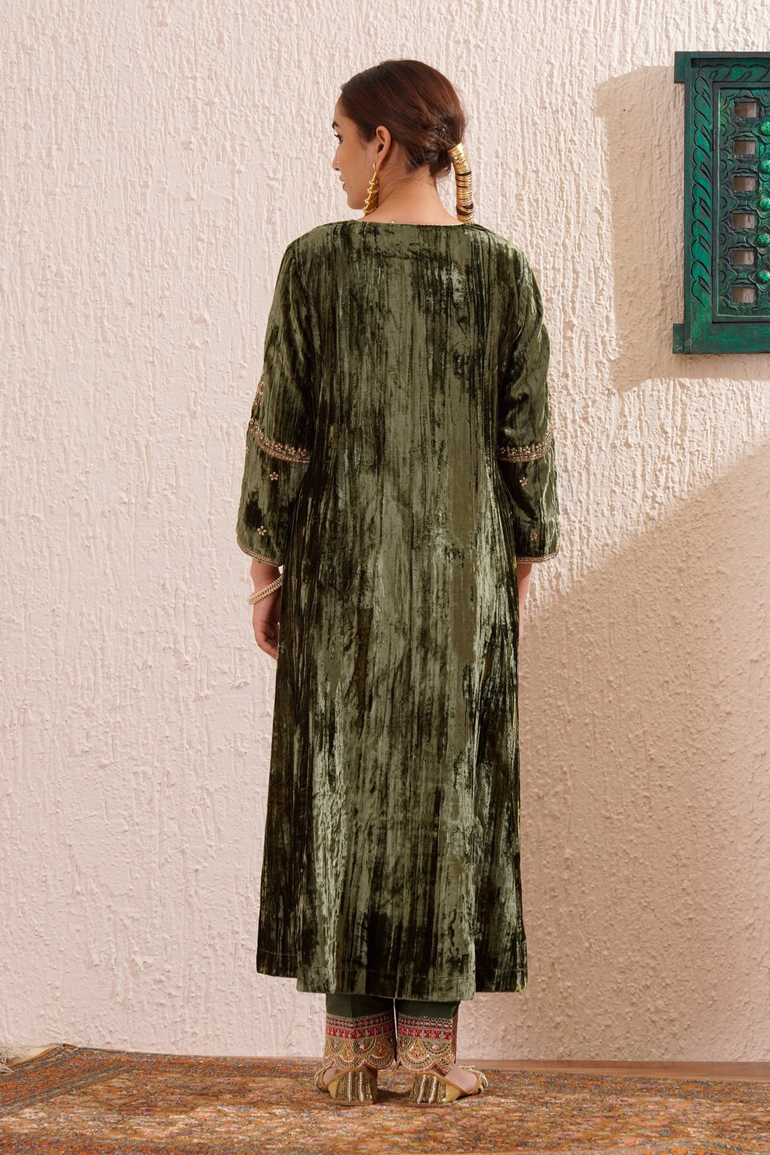 green velvet hand embroidered noor kurta set