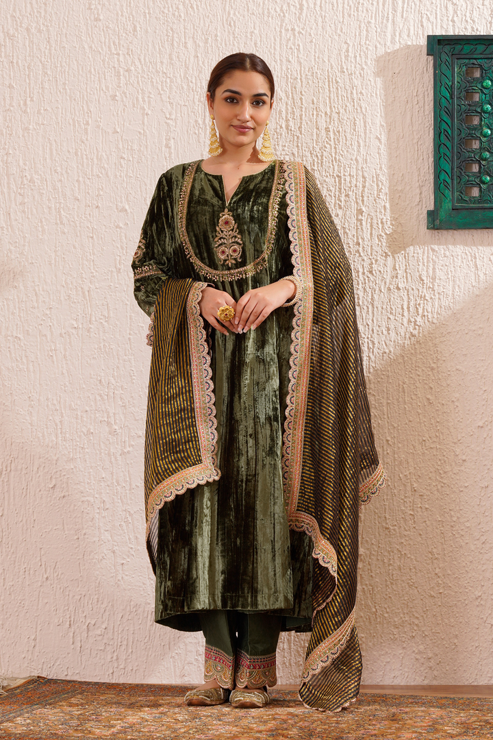 green velvet hand embroidered noor kurta set