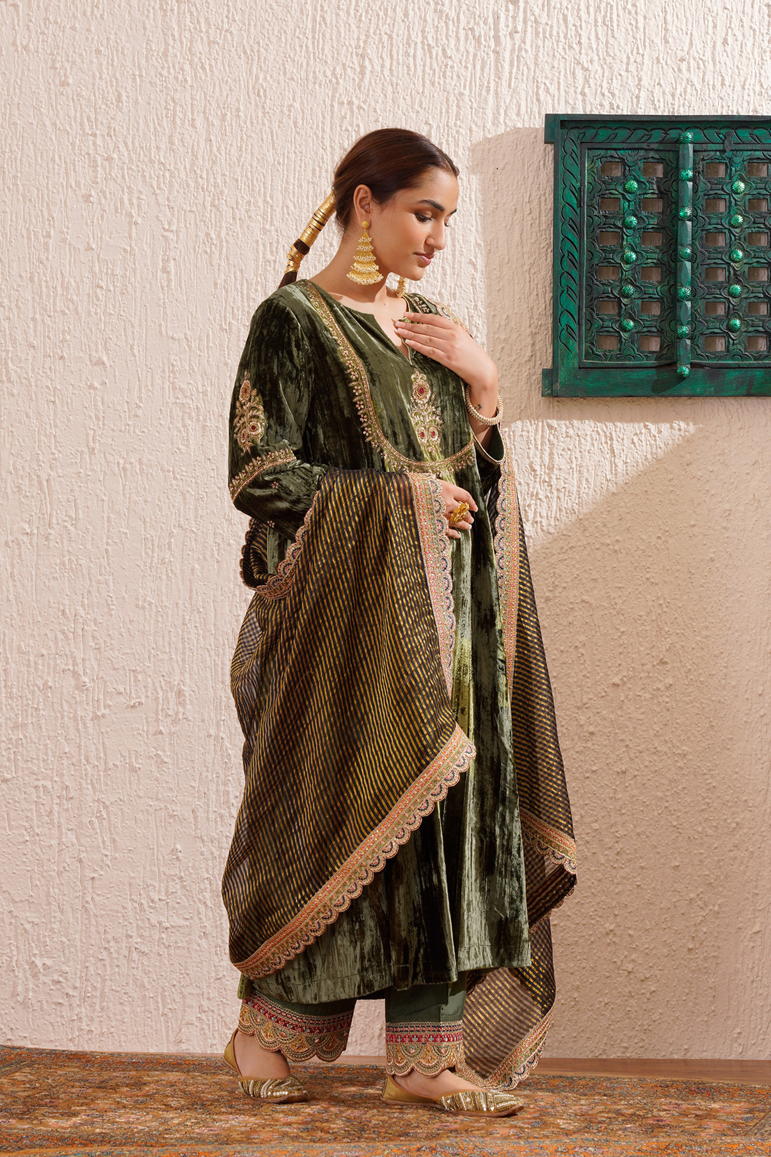 green velvet hand embroidered noor kurta set