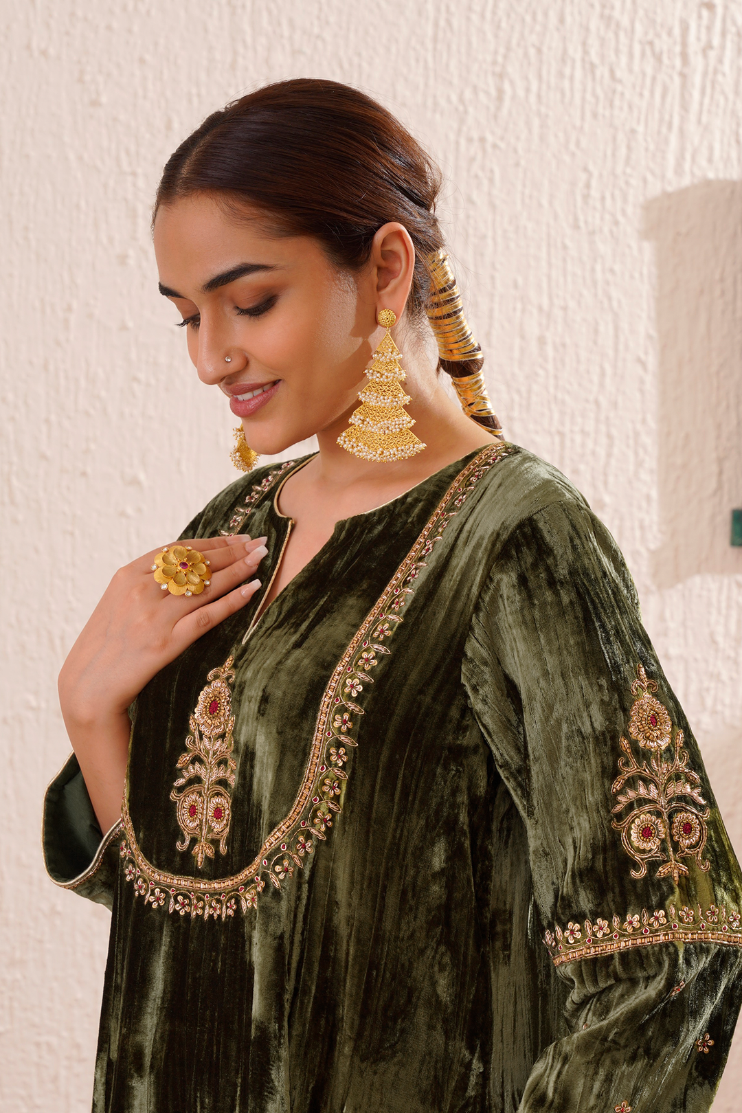 green velvet hand embroidered noor kurta set