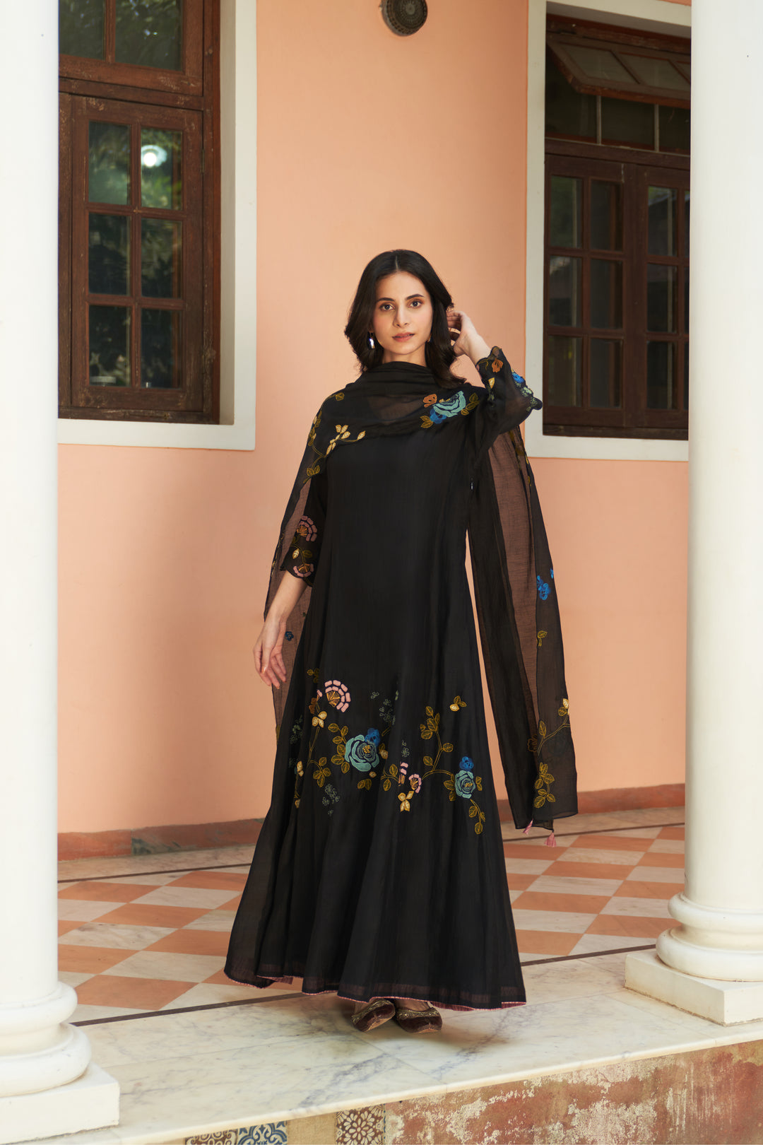 coal floral anarkali set