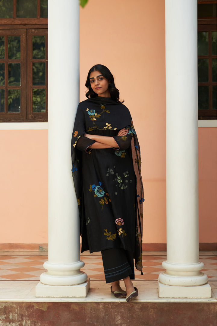 coal floral embroidered kurta set