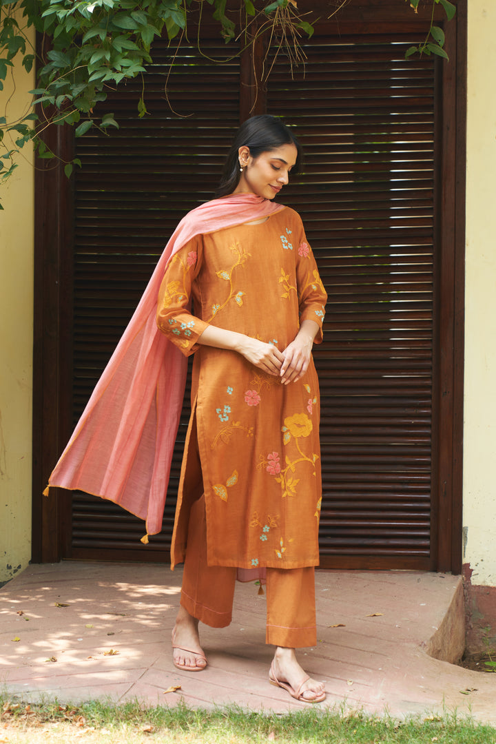 marigold applique kurta set