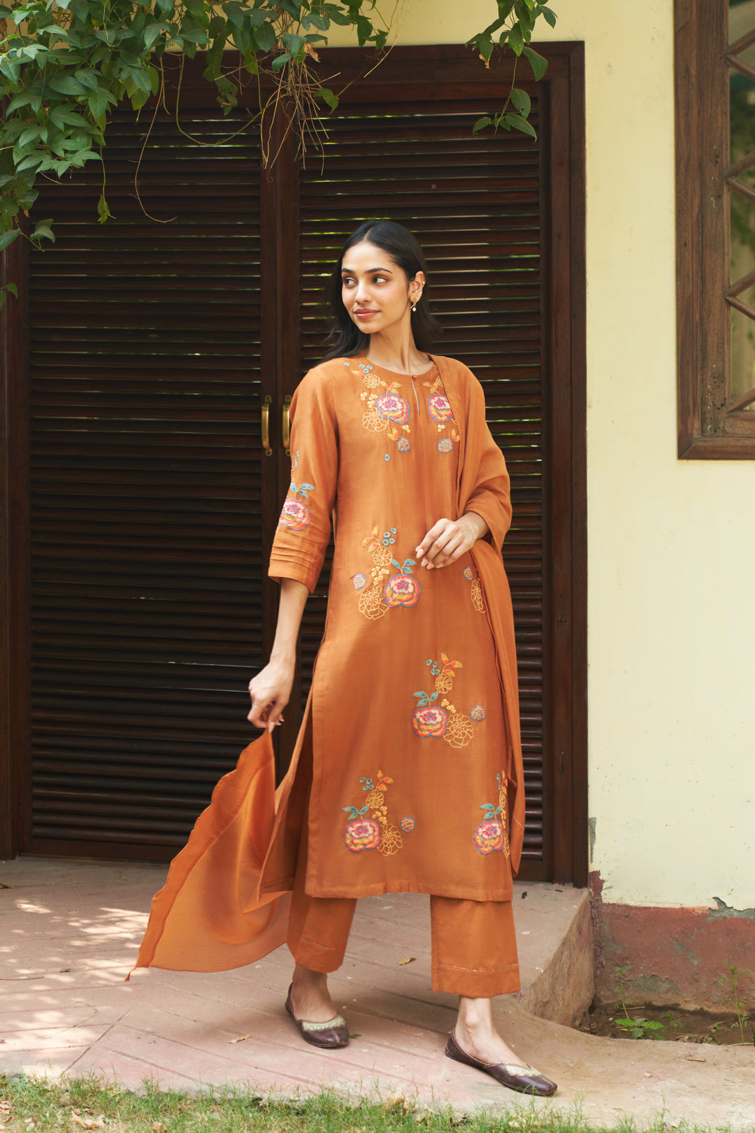 marigold floral embroidered kurta set